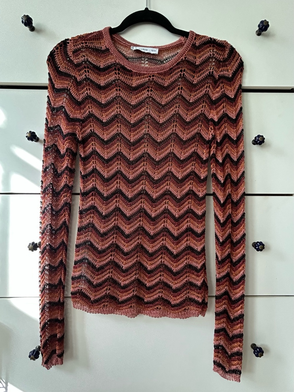 Mango Zigzag Open-Knit Long Sleeve Top - Rust & Black